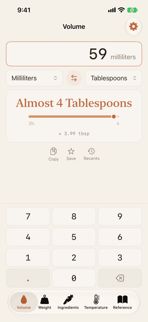 Tare converting 59 milliliters to tablespoons: Almost 4 Tablespoons, with a gauge between 3¾ and 4 and the exact figure, about 3.99 tablespoons