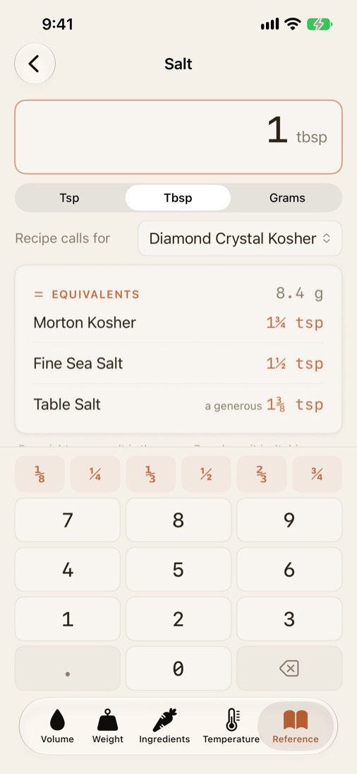 Tare's Salt tool: one tablespoon of Diamond Crystal kosher salt, 8.4 grams, equals 1¾ teaspoons of Morton kosher, 1½ teaspoons of fine sea salt, and a generous 1⅜ teaspoons of table salt