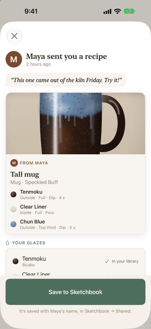 A recipe received in Witness: Maya sent you a recipe, with her note, a photo of the mug, and three glaze layers in order